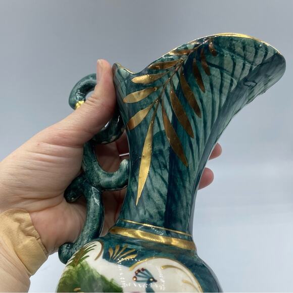 Vintage Hand Painted Peacock Ornate Vase Decor Green Teal Gold Porcelain - Picture 10 of 16
